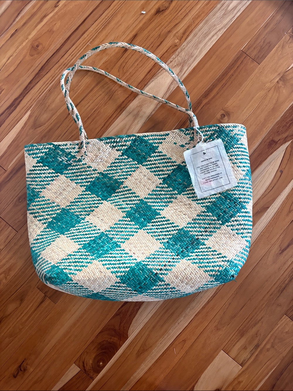 Woven Beach Tote Bag in Teal and Natural